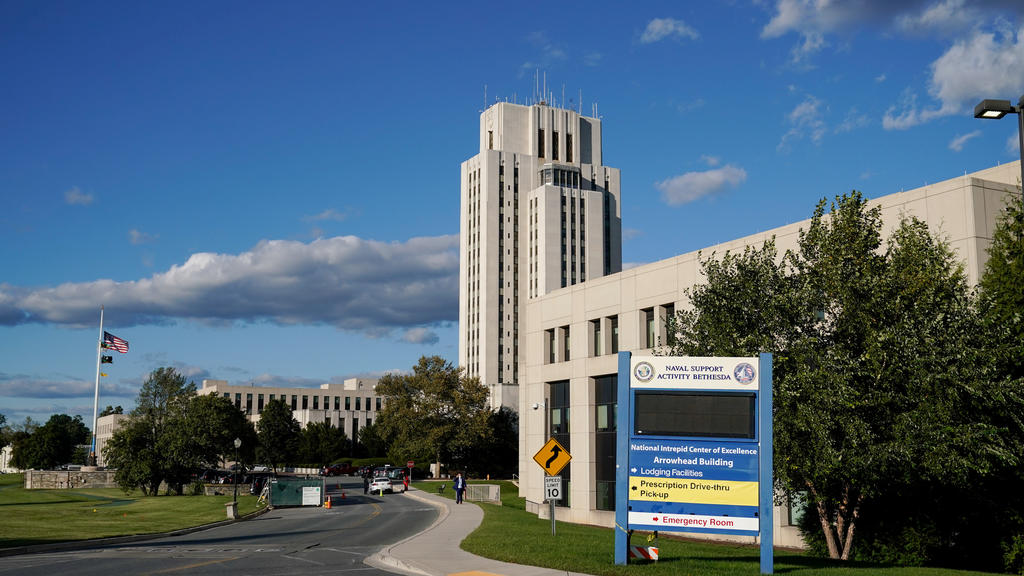 Walter Reed National Military Medical Center is seen shortly after the White House announced that U.S. President Donald Trump will be helicoptering to the hospital and "will be working from the presidential offices at Walter Reed for the next few day