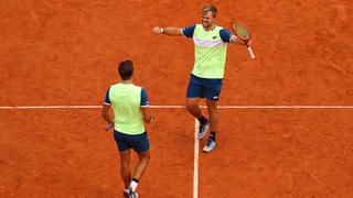 PARIS, FRANCE - OCTOBER 06: Andreas Mies and Kevin Krawietz of Germany celebrate after winning match point during their Men's Doubles quarterfinals match against Jamie Murray and Neal Skupski of Great Britain on day ten of the 2020 French Open at Roland Garros on October 06, 2020 in Paris, France. (Photo by Julian Finney/Getty Images)