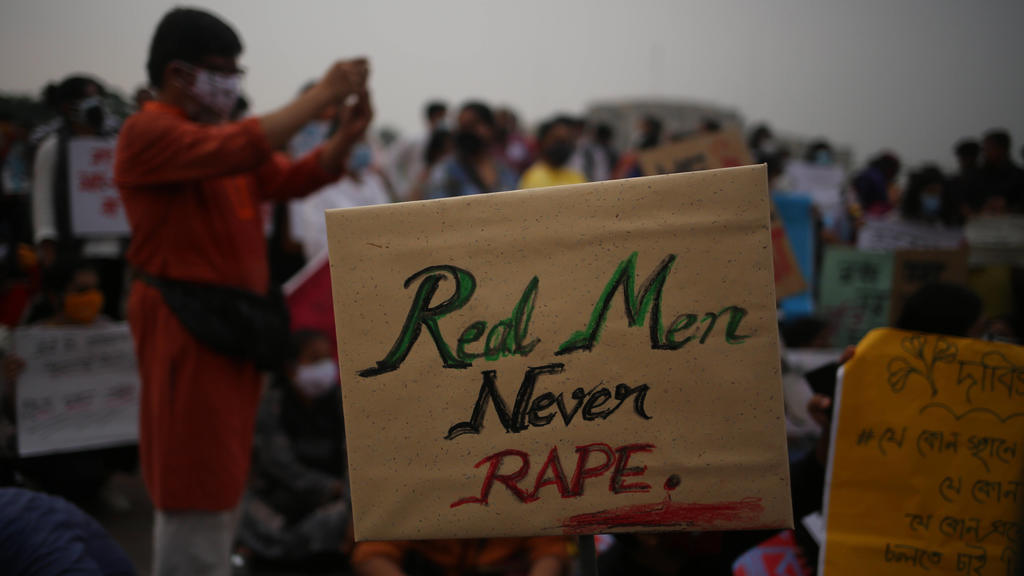  October 10, 2020, Dhaka, Dhaka, Bangladesh: Students and Activists hold placards in front of National parliament in Dhaka , Bangladesh on Saturday, October 10, 2020. As they demand justice for an alleged gang raped woman in Noakhali, southern distri