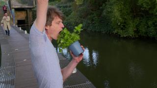 Bremer Altersforscher Sven Voelpel isst Basilikum während er an einem Baum hängt