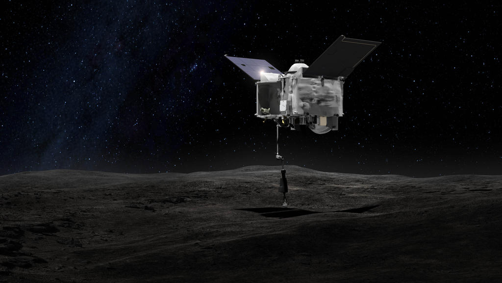 HANDOUT - 16.10.2020, ---, Weltraum: Eine undatierte grafische Darstellung zeigt die Nasa-Sonde Osiris-Rex, die über dem Asteroiden Bennu mit ihrem Touch-And-Go Sample Arm Mechanism (TAGSAM), einer Art Roboter-Arm, eine Probe von dem Asteroiden nimmt