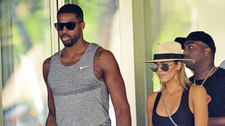 Tristan Thompson holds hands with Khloe Kardashian after shopping at Bal Harbor Shops in Bal Harbor, FL.
