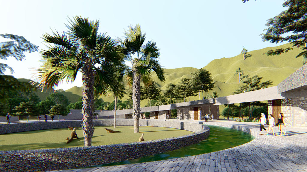 HANDOUT - 16.10.2020, Indonesien, Komodo: Undatiert: Eine Computeranimation zeigt den geplanten Park für Komodowarane auf der Insel Rinca. In die Touristenattraktion im Komodo-Nationalpark sollen einige der letzten Riesenechsen integriert werden. (zu