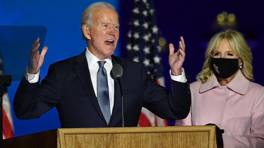 Former Vice President Joe Biden speaks to supporters at a parking lot in Wilmington, Delaware on Tuesday, November 3, 2020. Biden expressed optimism in the election and said it will take time to count the votes in cricial battleground states. PUBLIC