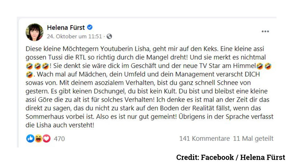 Das schreibt Helena Fürst über Lisha bei Facebook.