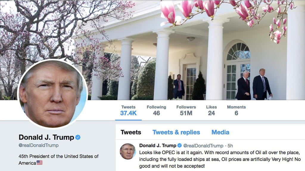 FILE PHOTO: The masthead of U.S. President Donald Trump's @realDonaldTrump Twitter account with a message about OPEC policy is seen on April 20, 2018.  @realDonaldTrump/Handout via REUTERS ATTENTION EDITORS - THIS IMAGE WAS PROVIDED BY A THIRD PARTY/