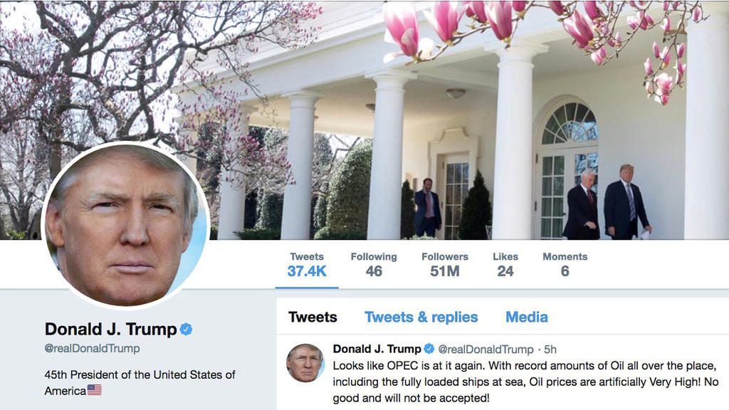 FILE PHOTO: The masthead of U.S. President Donald Trump's @realDonaldTrump Twitter account with a message about OPEC policy is seen on April 20, 2018. @realDonaldTrump/Handout via REUTERS ATTENTION EDITORS - THIS IMAGE WAS PROVIDED BY A THIRD PARTY/