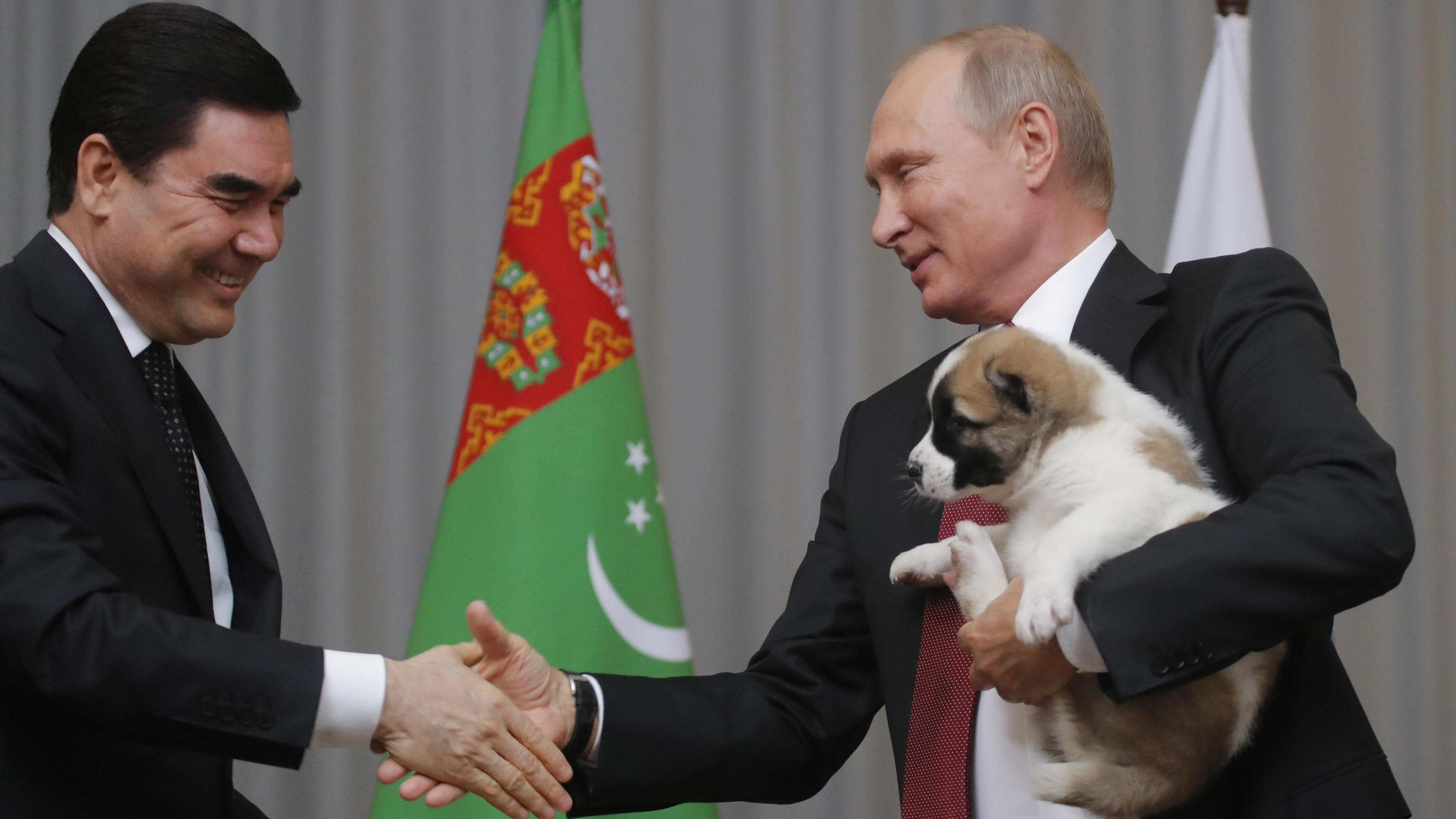FILE PHOTO: Turkmenistan's President Gurbanguly Berdimuhamedov (L) shakes hands with his Russian counterpart Vladimir Putin after presenting him a Turkmen shepherd dog, locally known as Alabai, during a meeting in Sochi, Russia October 11, 2017. REUT
