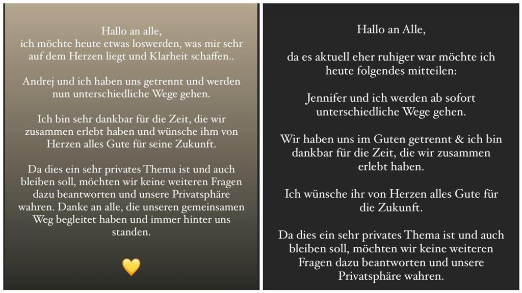 So verkünden Jenny Lange (l.) und Andrej Mangold (r.) bei Instagram ihr Liebes-Aus