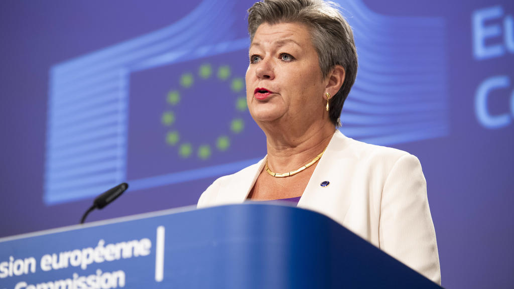 200713 -- BRUSSELS, July 13, 2020 Xinhua -- European Commissioner for Home Affairs Ylva Johansson speaks at a press conference at the EU headquarters in Brussels, Belgium, July 13, 2020. Five European states and five African countries agreed at a me