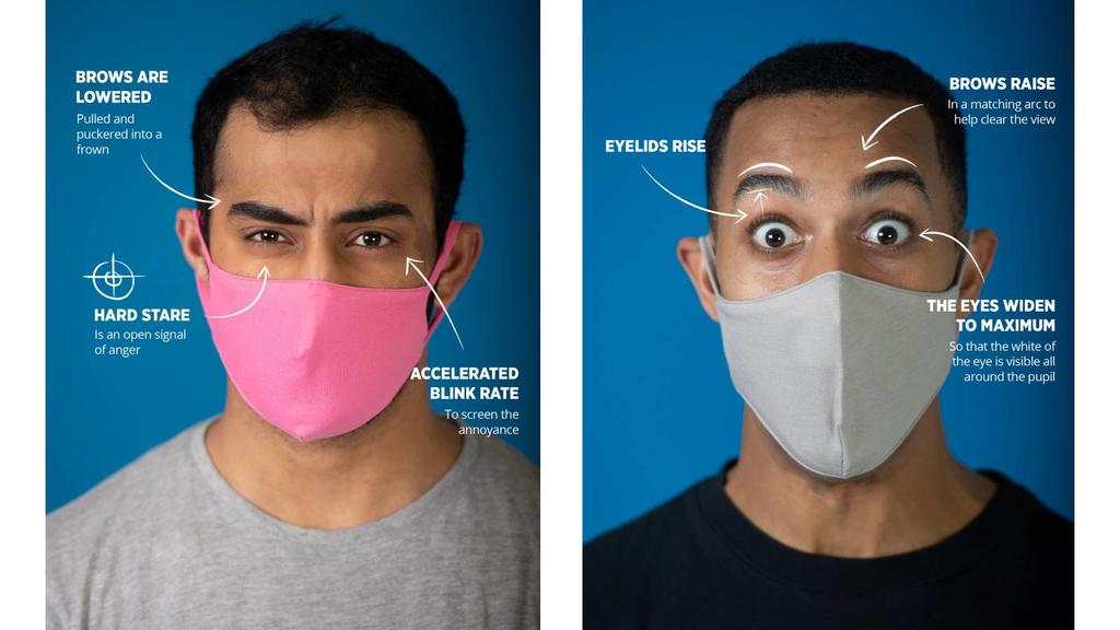 Links: Starrer Blick mit gesenkten Augenbrauen signalisiert Wut. Rechts: Weit geöffnete und angehobene Augen stehen für einen absoluten Schock/Überraschung.