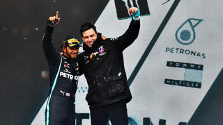 ISTANBUL, TURKEY - NOVEMBER 15: Race winner Lewis Hamilton of Great Britain and Mercedes GP celebrates winning a 7th F1 World Drivers Championship with Mercedes GP Executive Director Toto Wolff on the podium during the F1 Grand Prix of Turkey at Intercity Istanbul Park on November 15, 2020 in Istanbul, Turkey. (Photo by Getty Images/Getty Images)