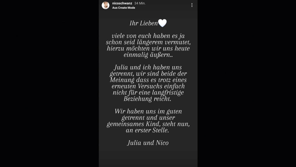 Nico Schwanz und Julia Prokopy haben sich einvernehmlich getrennt.