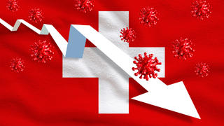 Abfallender Pfeil vor Schweizer Flagge und Coronaviren