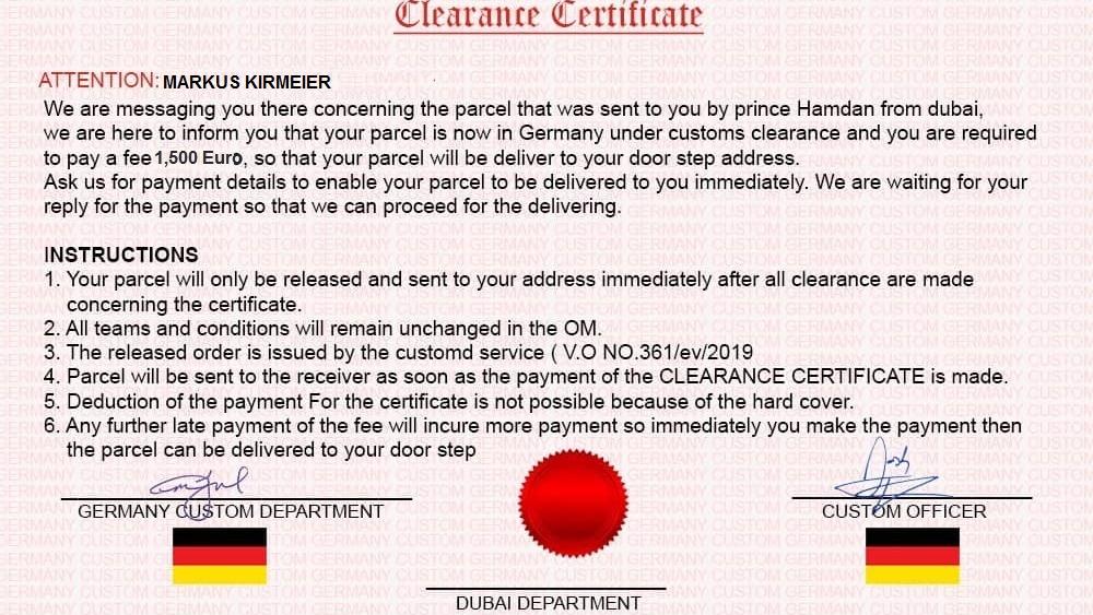 Angebliches Zoll-Zertifikat mit der Aufforderung 1.500€ zu bezahlen, um das Paket zu erhalten.