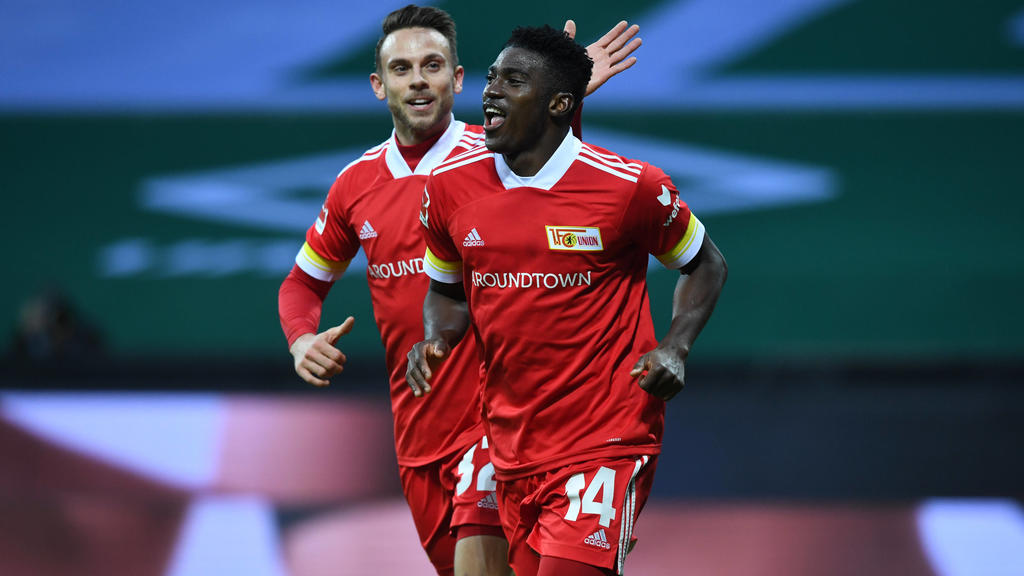 Fussball, Herren, Saison 2020/2021, 1. Bundesliga 14. Spieltag, SV Werder Bremen - 1. FC Union Berlin, v. l. Marcus Ingvartsen 1. FC Union Berlin, Taiwo Awoniyi 1. FC Union Berlin, Jubel nach Tor zum 0:2, 02.01. 2021, *** Football, men, season 2020