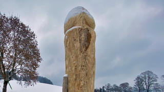 06.01.2021, Bayern, Ebratshofen: Schon wieder ein Holzpenis im Allgäu: Wer die Skulptur aufgestellt hat, war nach Angaben der Polizei zunächst unklar. Der über zwei Meter hohe Holzpenis steht etwa zehn Meter entfernt von einer Straße. Spuren im Schnee deuten darauf hin, dass die Skulptur mit einem Anhänger aufgestellt wurde. Foto: Davor Knappmeyer/Liss/dpa +++ dpa-Bildfunk +++