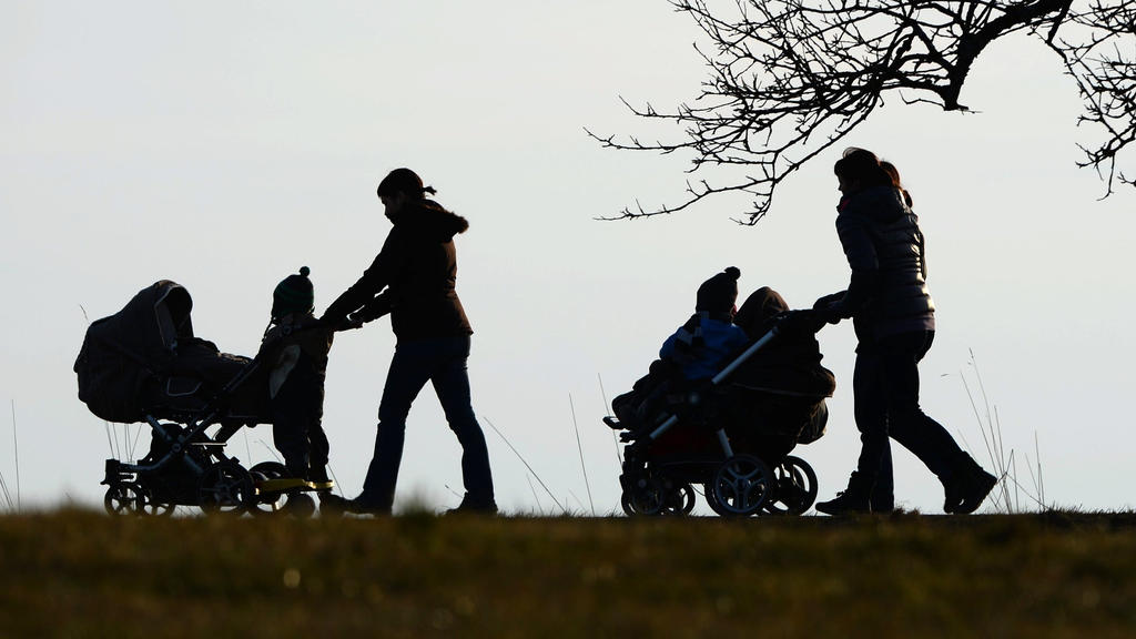 ARCHIV - 25.02.2014, Baden-Württemberg, Oberhomberg: Zwei Frauen schieben ihre Kinderwagen eine Landstraße entlang. (zu dpa "AfD will junge Frauen mit Geld zum Kinderkriegen motivieren") Foto: picture alliance / Felix Kästle/dpa +++ dpa-Bildfunk +++