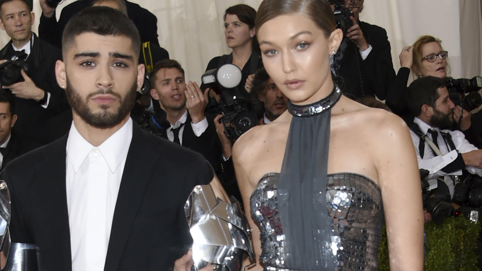 FILE - In this May 2, 2016 file photo, Zayn Malik, left, and Gigi Hadid arrive at The Metropolitan Museum of Art Costume Institute Benefit Gala in New York. The couple took to social media Wednesday, Sept. 23, 2020, to celebrate the arrival of their 