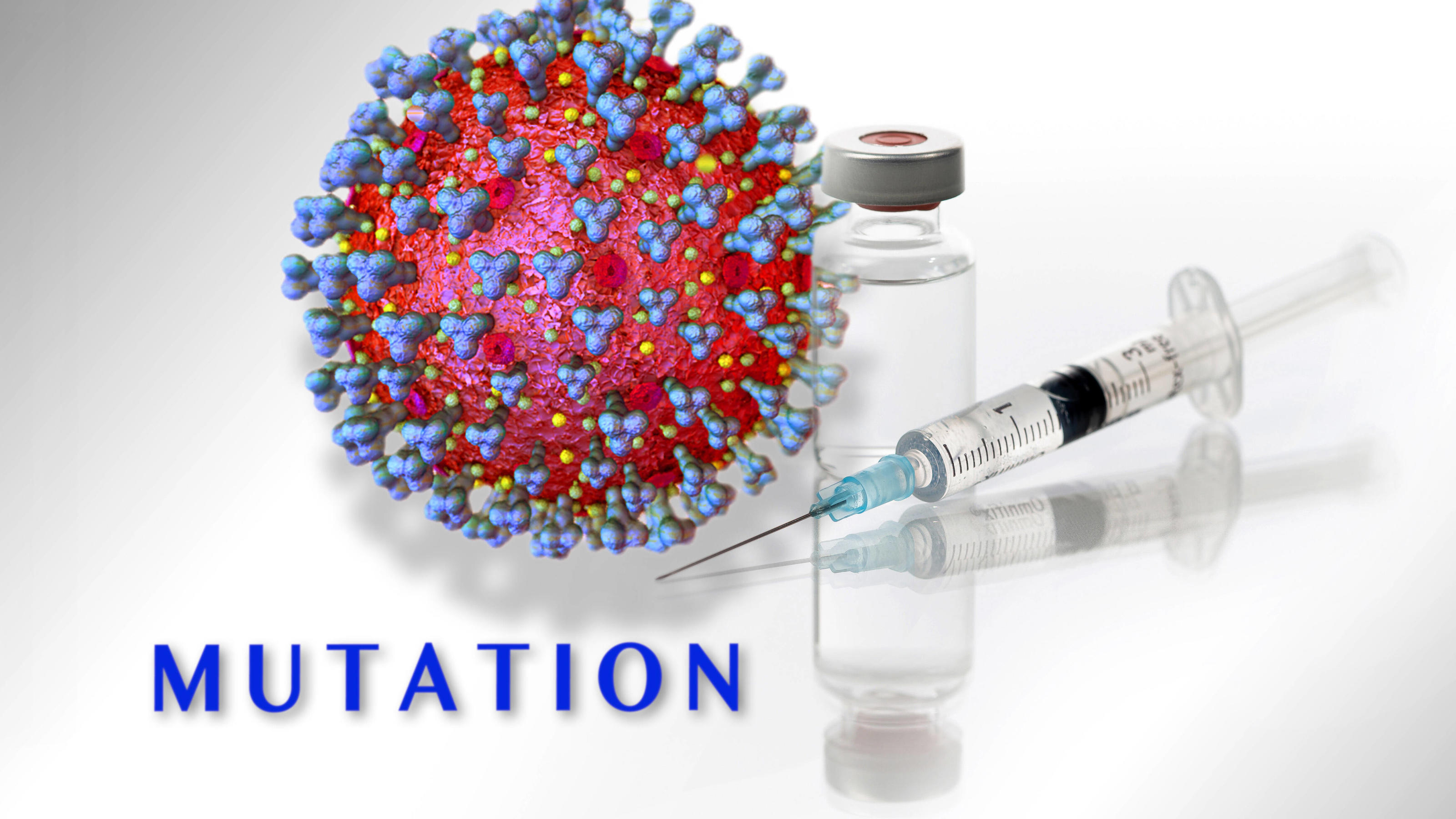  25.01.2021, Symbolbild Impfstoff, mit Grafik, Corona-Virus Mikroskopische Ansicht, mit Impfstoff-Probe im Vordergrund. Bildmontage 3D-Grafik: Sofiane Regragui , Das Corona-Virus mutiert. 25.01.2021, Coronavirus Mutation 25.01.2021, Coronavirus Mutat