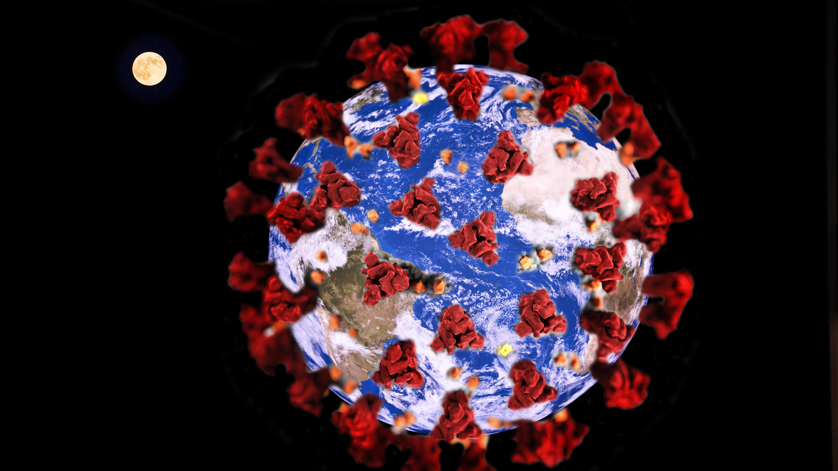 Erde mit Coronavirus, Symboldbild fuer die weltweite Corona-Pandemie, Fotomantage world with Covid-19 BLWS613312 Copyright: xblickwinkel/S.xZiesex 