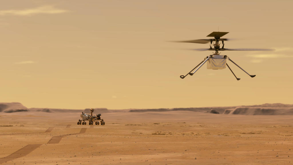 Diese NASA-Illustration zeigt den Helikopter und den Rover " Perseverance", mit dem die USA den Mars erforschen wollen.