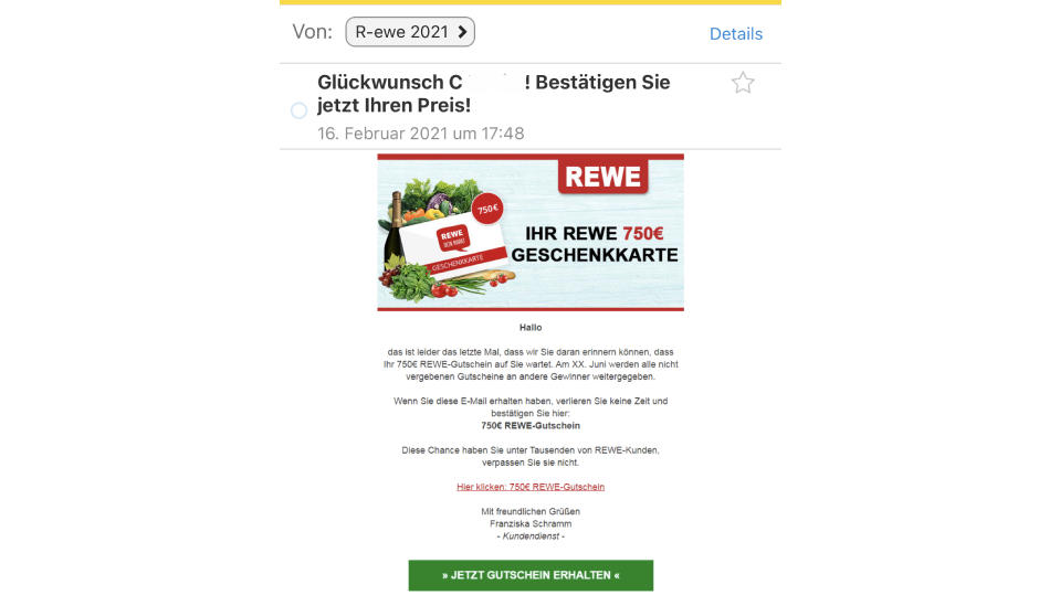 Gefälschte Rewe-E-Mail