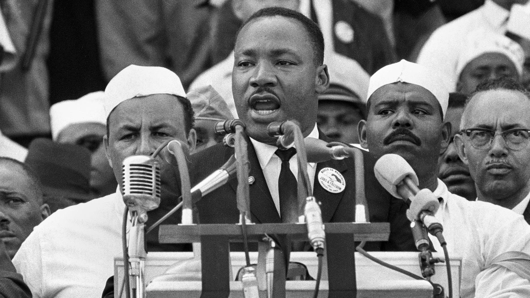 FILE - In this Aug. 28, 1963 file photo, Dr. Martin Luther King Jr., head of the Southern Christian Leadership Conference, addresses marchers during his "I Have a Dream" speech at the Lincoln Memorial in Washington. The annual celebration of the Mart