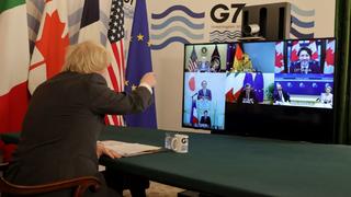 19/02/2021. London, United Kingdom. Boris Johnson hosts the Meeting of the G7 Leaders. The Prime Minister Boris Johnson chairs a virtual meeting of the G7 Leaders from inside the Cabinet Room of No10 Downing Street, ahead of this summers G7 Summit in