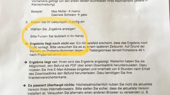 Gefälschter Anleitungsbogen zum Coronatest