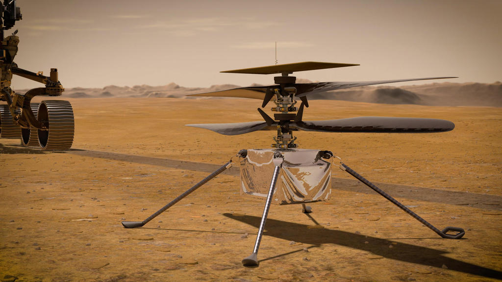 HANDOUT - 14.07.2020, ---: Die von der NASA zur Verfügung gestellte Illustration zeigt den «Ingenuity-Hubschrauber» auf der Marsoberfläche. Der kleine Hubschrauber «Ingenuity», der sich an Bord des Mars-Rovers «Perseverance» befindet, hat am Freitag