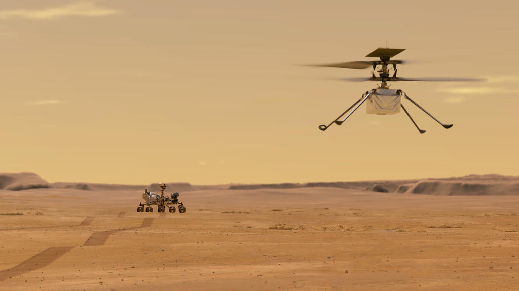 HANDOUT - 27.04.2020, ---: Die von der NASA zur Verfügung gestellte Illustration zeigt den «Ingenuity-Hubschrauber» (r) nach dem Start vom Nasa-Rover «Perseverance». Der Hubschrauber wird das erste Fluggerät sein, das einen kontrollierten Flug auf ei