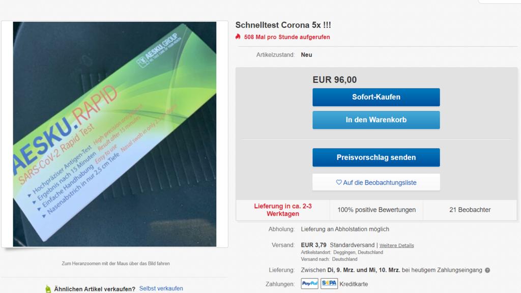 Bei Ebay finden sich seit Samstagmittag mehrere Schnelltests, die bei Aldi gekauft wurden.