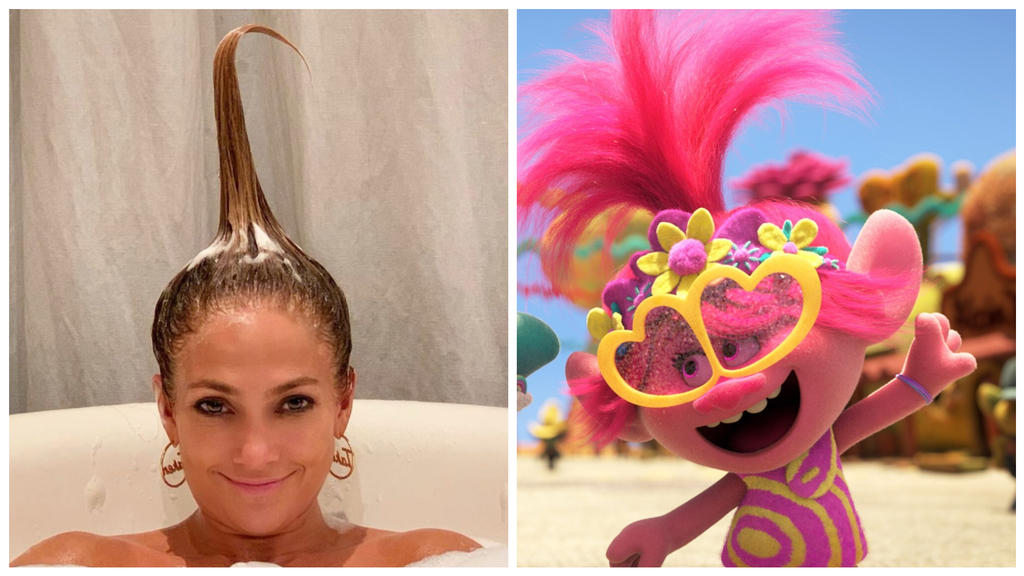 Bei der Geburt getrennt? Jennifer Lopez und ein Troll aus dem Animationsfilm "Trolls".