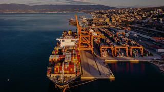 In einem Hafen sieht man mehrere Schiffe, die mit Containern beladen sind.