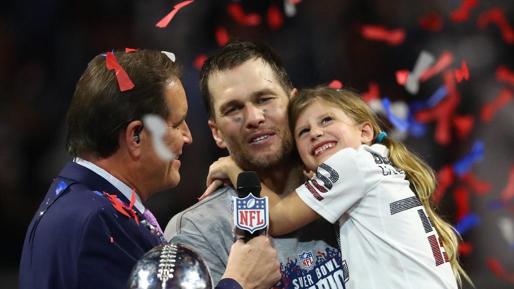  February 3, 2019 - Atlanta, GA, USA - New England Patriots quarterback Tom Brady shares a moment with daughter Vivian Lake Brady after winning his sixth Super Bowl, 13-3, against the Los Angeles Rams in Super Bowl LIII at Mercedes-Benz Stadium in At