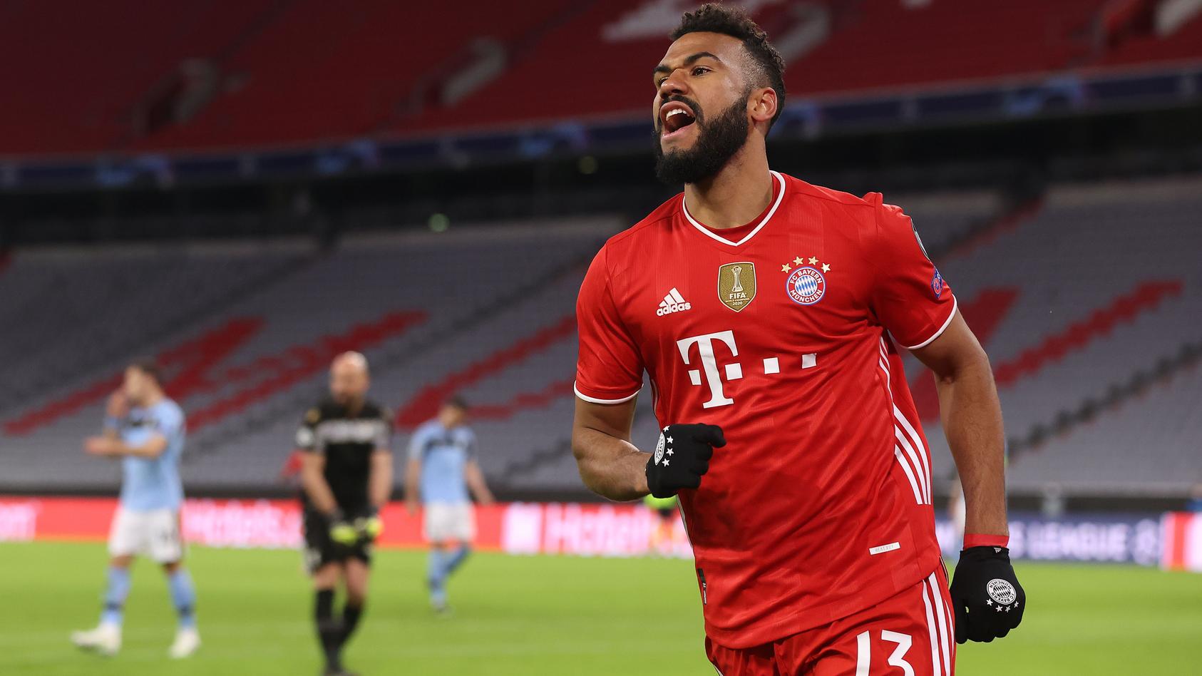 MUNICH, GERMANY - MARCH 17: Eric Maxim Choupo-Moting of FC Bayern MÃ¼nchen celebrates scoring the second team goal during the UEFA Champions League Round of 16 match between Bayern MÃ¼nchen and SS Lazio at Allianz Arena on March 17, 2021 in Munich, G