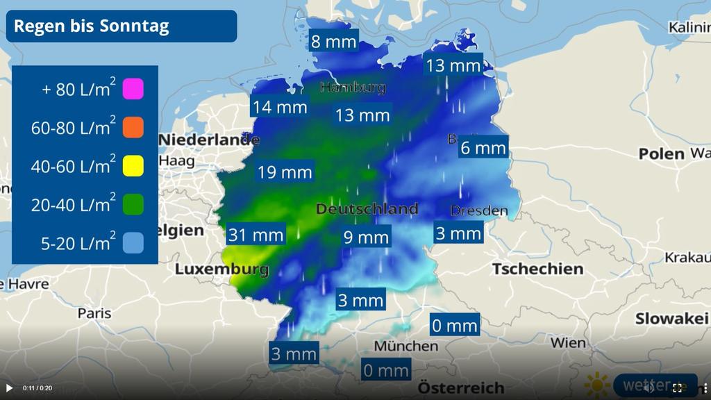 Die Regensummen in Deutschland bis Sonntag. Vor allem im Westen und Nordwesten regnet es ordentlich. Mit 20 bis 40 Liter pro Quadratmeter wird es nass in Deutschland.