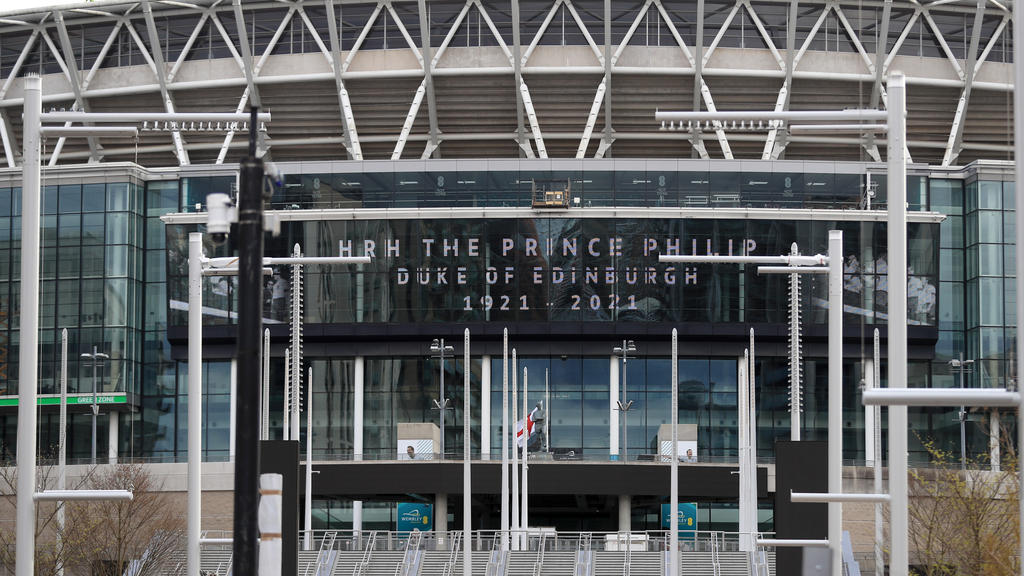 Duke of Edinburgh death. A tribute to the Duke of Edinburgh, on display at Wembley Stadium, following the announcement of his death at the age of 99. Picture date: Friday April 9, 2021. Prince Philip, 99, was the longest-serving consort in British hi