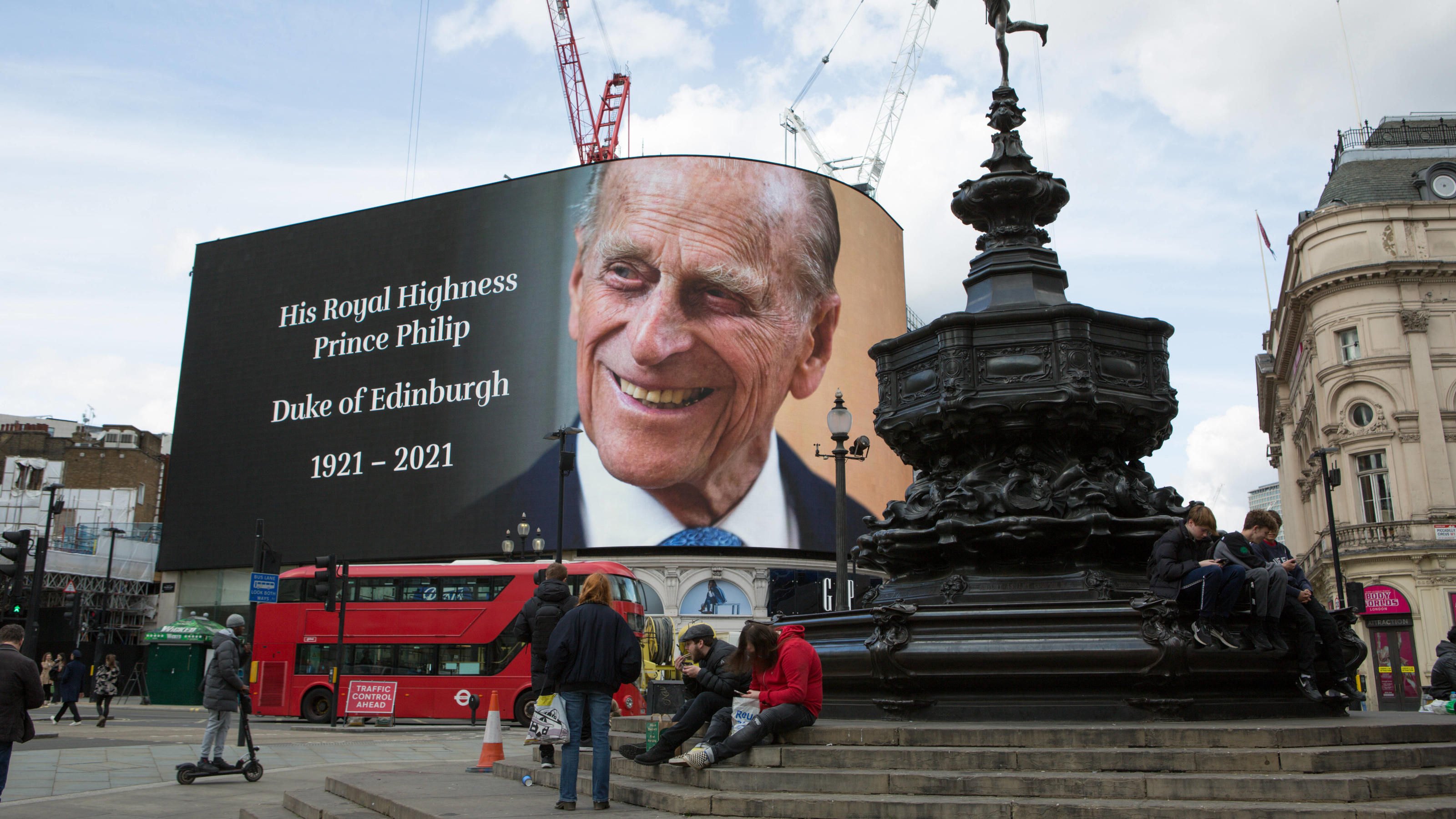 April 9, 2021, London, United Kingdom: Piccadilly Circus Billboard Bears the Prince Philip Picture..The world-renowned landmark that is the Piccadilly Circus advertising billboard in central London displayed a tribute to Prince Philip on Friday eveni