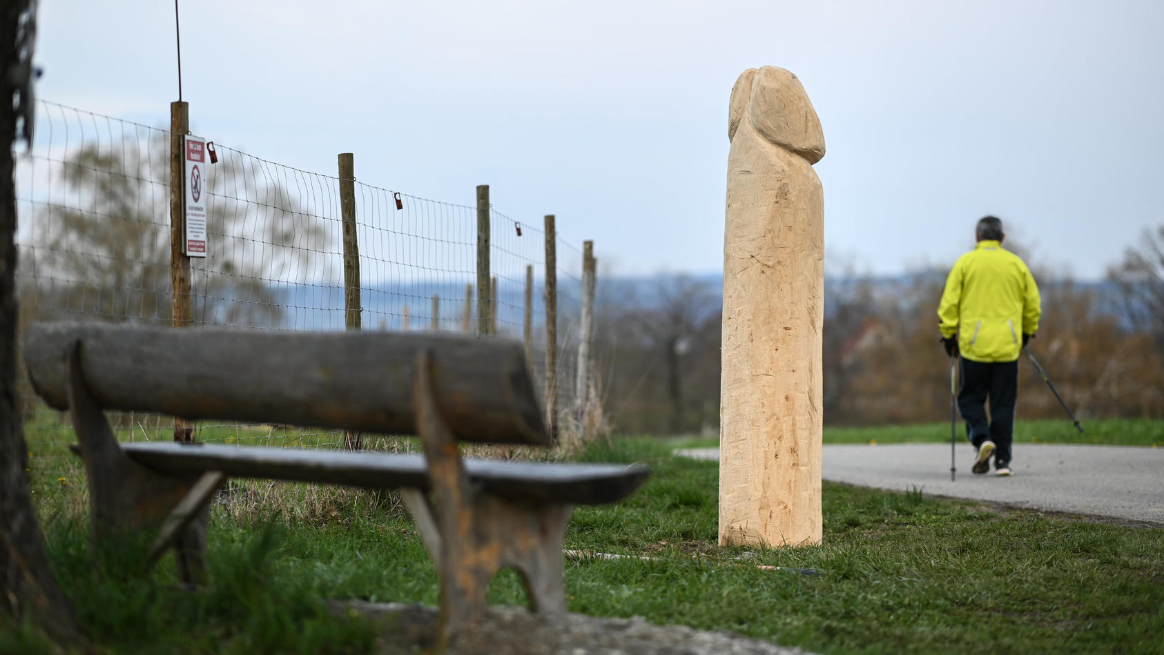 13.04.2021, Baden-Württemberg, Ravensburg: Ein hölzerner Penis steht am Rand eines Aussichtspunktes auf einer Anhöhe bei Ravensburg-Taldorf. Welcher Künstler das Phallussymbol erschaffen hat, ist nicht bekannt. Seit einigen Tagen trohnt der rund zwei