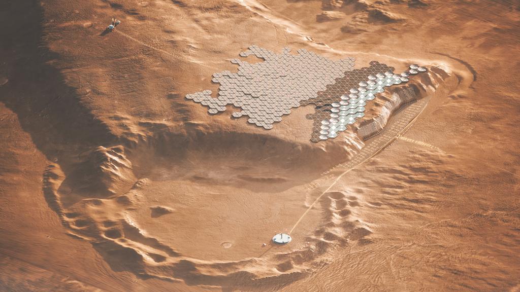 Solarpanele auf dem Bergrücken von Tepa Mensa sollen die Stadt Nüwa mit Energie versorgen.