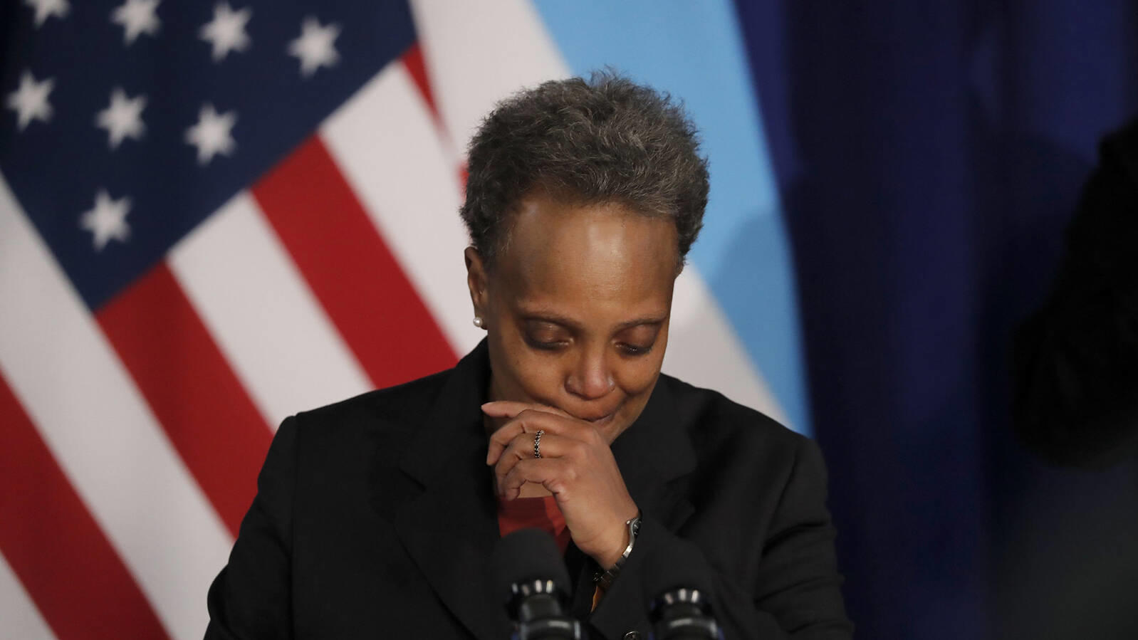  April 15, 2021, Chicago, Illinois, USA: Mayor LORI LIGHTFOOT speaks at City Hall about the video of the fatal police shooting of 13-year-old Adam Toledo last month. The mayor and city leaders appealed for calm Thursday. Chicago USA - ZUMAm67_ 202104