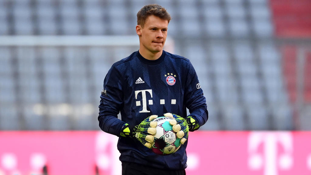10.04.2021, Bayern, München: Fußball: Bundesliga, FC Bayern München - 1. FC Union Berlin, 28. Spieltag in der Allianz Arena. Münchens Torwart Alexander Nübel beim Aufwärmen vor dem Spiel. WICHTIGER HINWEIS: Gemäß den Vorgaben der DFL Deutsche Fußball