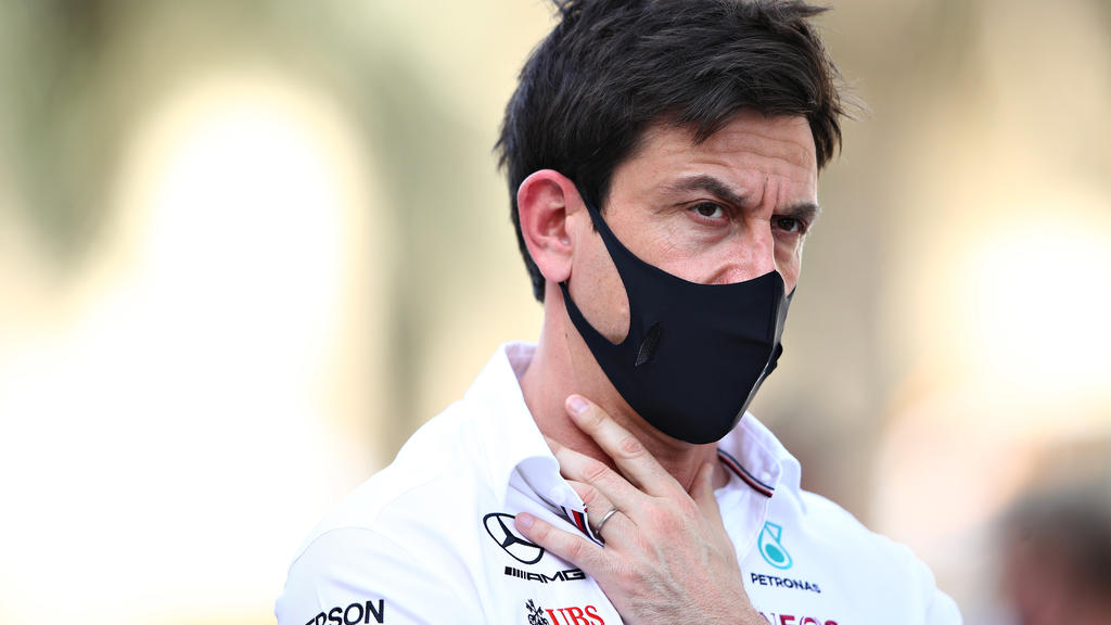 BAHRAIN, BAHRAIN - MARCH 26: Mercedes GP Executive Director Toto Wolff looks on in the Paddock during practice ahead of the F1 Grand Prix of Bahrain at Bahrain International Circuit on March 26, 2021 in Bahrain, Bahrain. (Photo by Mark Thompson/Getty