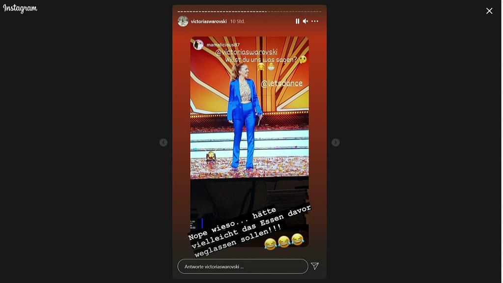 Victoria Swarovski kontert auf Instagram die Schwangerschaftsgerüchte im Netz während der achten "Let's Dance"-Show.
