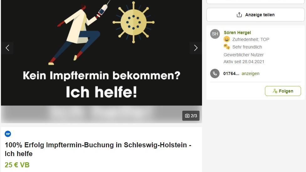 Der Kieler IT-Experte Sören Hergel bietet auf dem Internetportal eBay-Kleinanzeigen seine Hilfe für die Buchung von Impfterminen an - allerdings gegen Bezahlung.