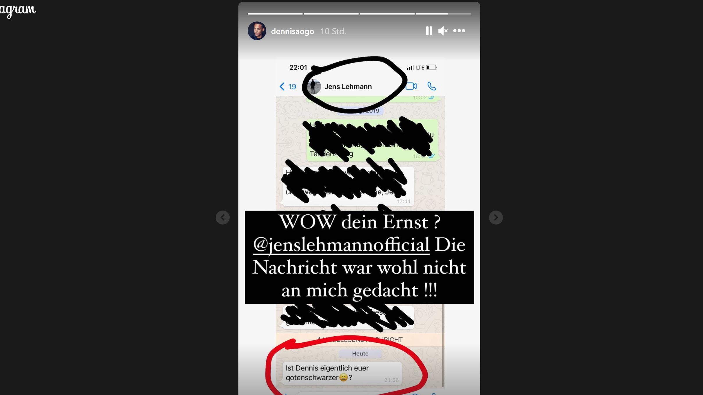Dennis Aogo zeigt einen Screenshot der Nachricht von Jens Lehmann an ihn.