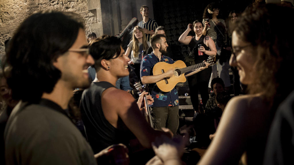 May 8, 2021, Barcelona, Spain: People gather and make party in a square of Barcelona s Gracia district shortly before the lifting of the State of Alarm in Spain. The State of Alarm that the Spanish Government decreed for the second time six months a