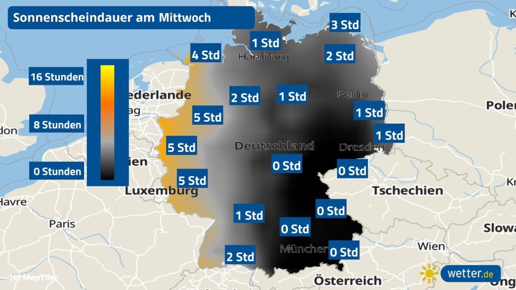 Die Sonnenscheindauer für Mittwoch in Deutschland